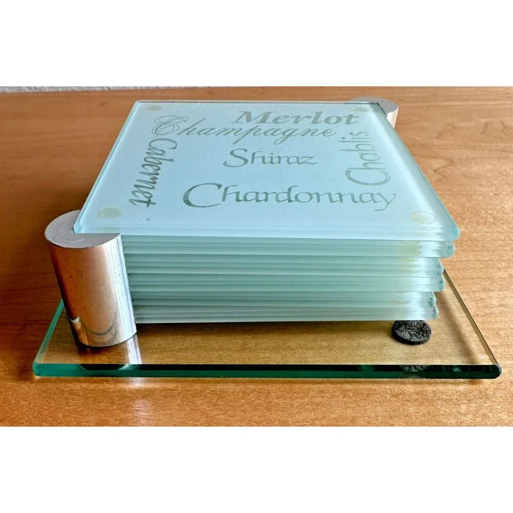 Frosted Glass Wine Coaster Set 6 w/ Metal Caddy Merlot Chardonnay Barwar
